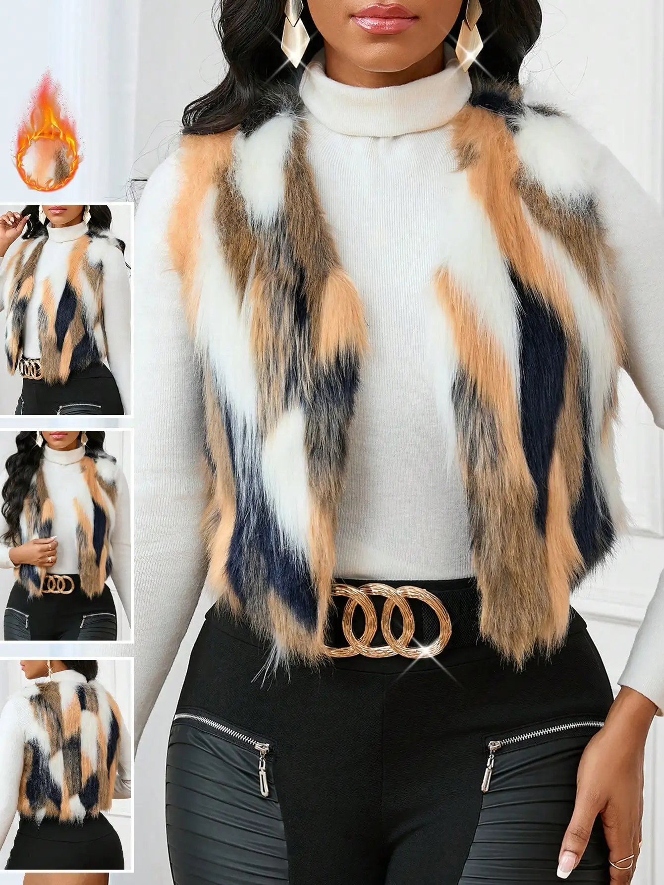 

Women's Plus Size Fuzzy Contrast Color Fur Vest Jacket, Zip-Up Winter Autumn Fashion Outerwear