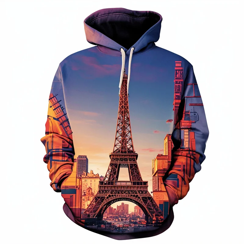 3D Print France Eiffel Tower Graphic Hoodies For Men Casual Pullover Long Sleeve Sweatshirts Clothes Mens Sport Tracksuit