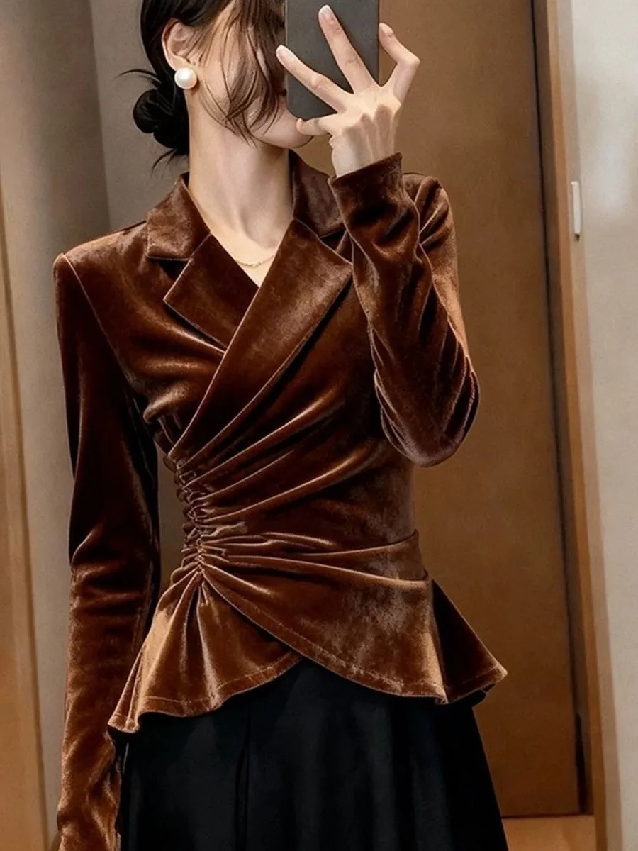 

Red Wine Color Velvet irt Women's Autumn Winter Slim Fit irt French Sle Long Sve Button Closure Pure Color irt