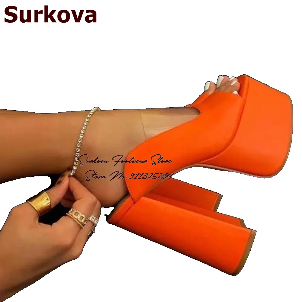 Surkova Orange Matte Chunky Heel Platform Slippers Women Clear PVC Open Toe Block Heels Dress Pumps Slip-on Banquet Shoes Size46