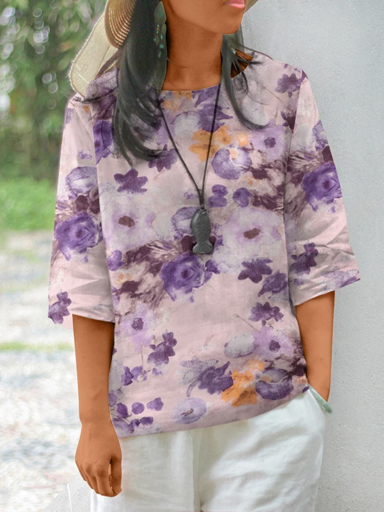 

ZANZEA 2025 Fashion Women Vintage Cotton Floral Printed Blouses Elegant Bohemian Blusas Casual Loose 3/4 Sleeve O-Neck Tops