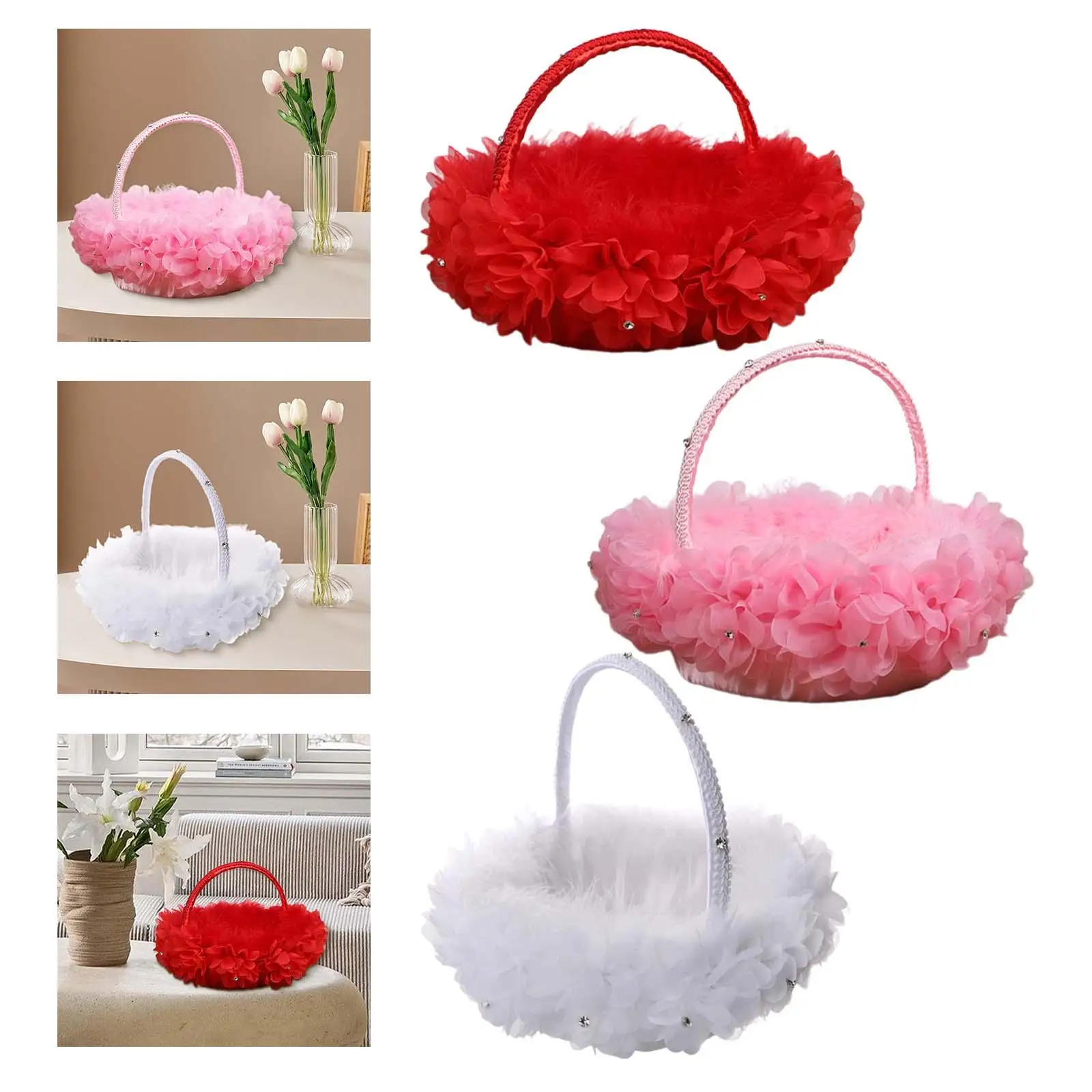 Flower Girl Basket Feather Photo Props Cute Handle Wedding Basket for Special Occasions Events Anniversary Party Supplies Shops