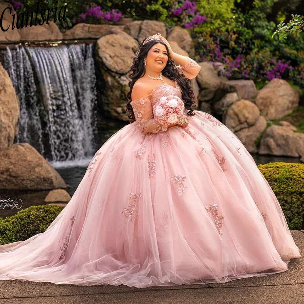 

Luxury Ball Gown Quinceanera Dresses For Women Appliques Bridal Gowns Long Sleeves Off-Shoulder Party Prom Court Train Dresses