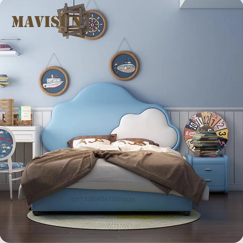 

Modern Cute Cloud - Shaped Kids Bed With Soft - Padded Leather Headboard Solid Wood Bed Frame Minimalist Single Children’ s Bed