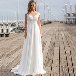 Summer Boho Wedding Dresses Lace Beach Bridal Gowns V Neckline Cap Sleeves Dress for  Illusion Back Vestido de novia