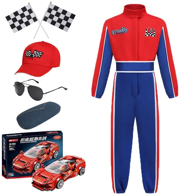 2025 New Boys Racer Cosplay Costume Red Blue Race Car Career Competition Uniform Children Racing Driver Clothing 94ly