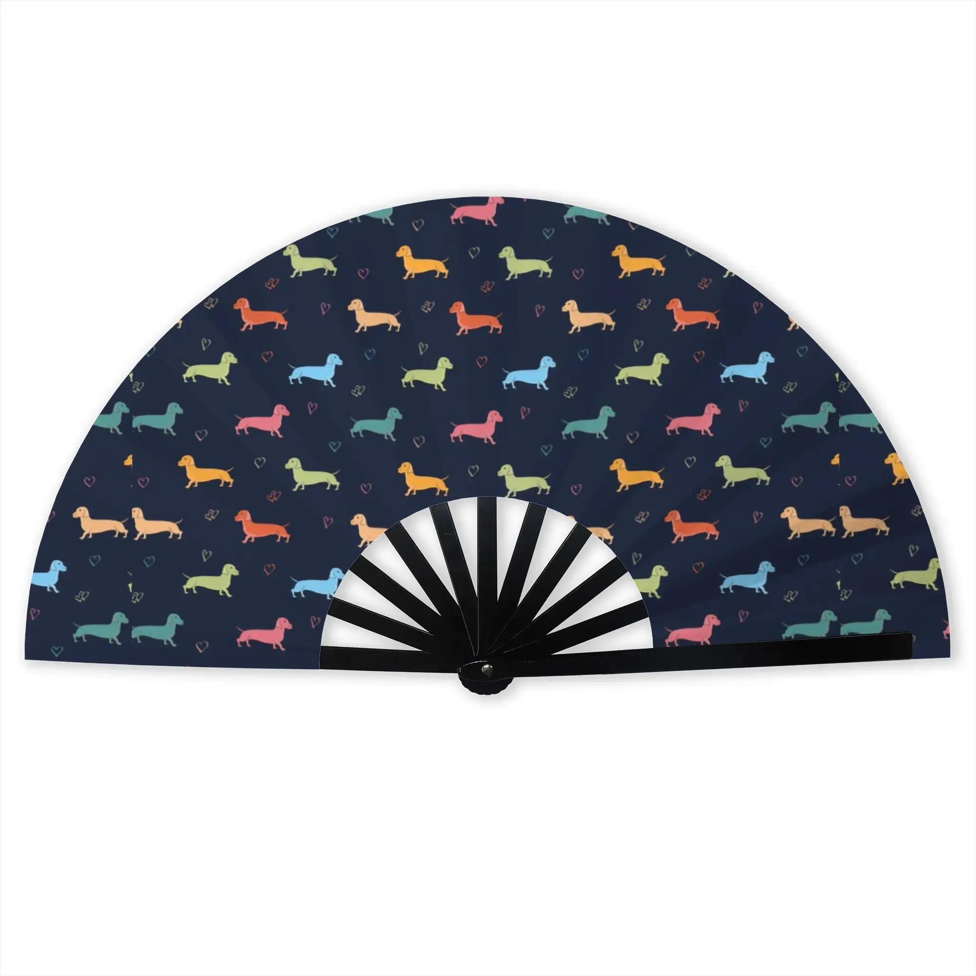 Colorful Dachshund Hearts Stylish Hand Fan Unisex Sausage Dog Printed Polyester Fan Trendy Costume Prop Folding Fans For Dancing