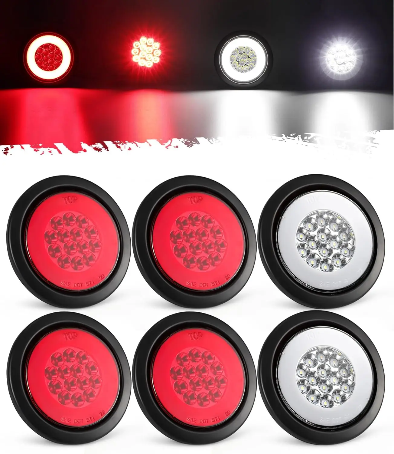 

6Pcs 4 Inch Round 32LED Trailer Tail Lights 4 Red 2 White Halo Glow, IP67 Waterproof, 12-24V, Rubber Grommet & Wire Pigtails