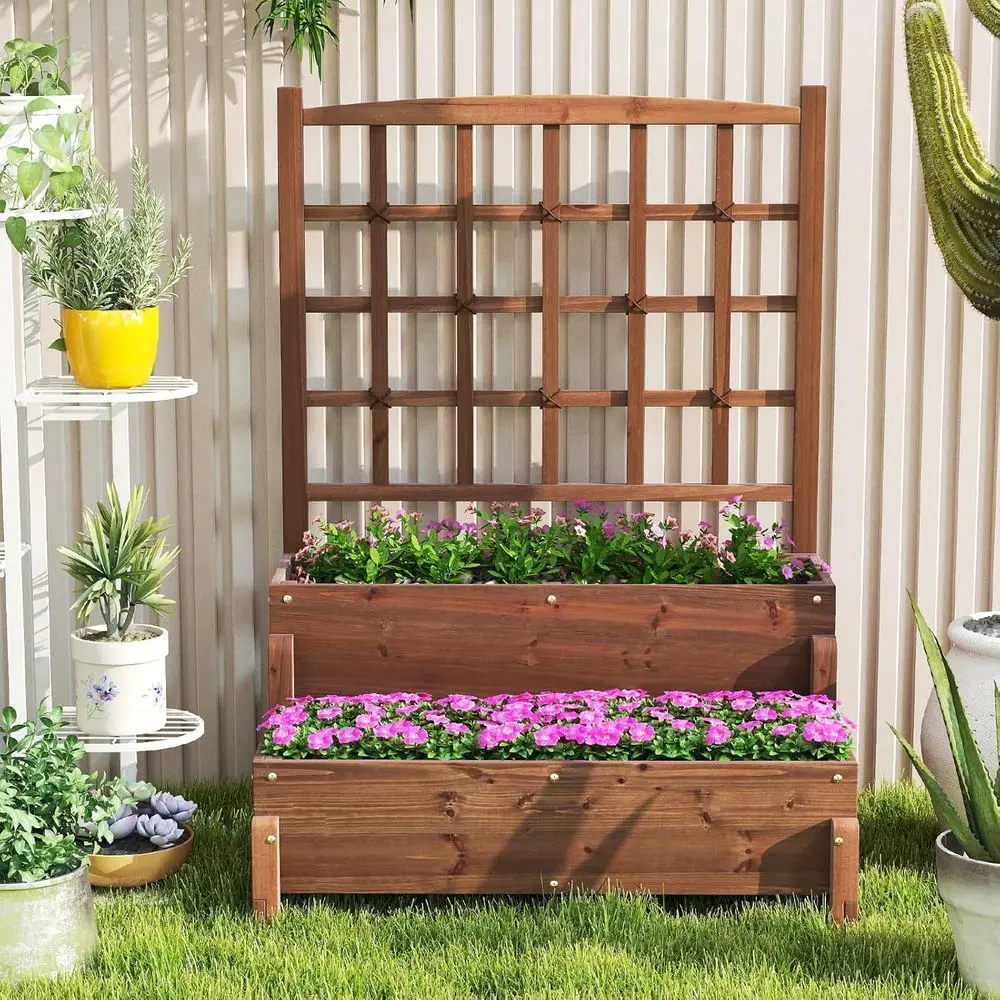 

Elevated Wooden Garden Bed with Trellis, Legged Planter Box, Hemp Rope, and Drainage for Backyard and Lawn