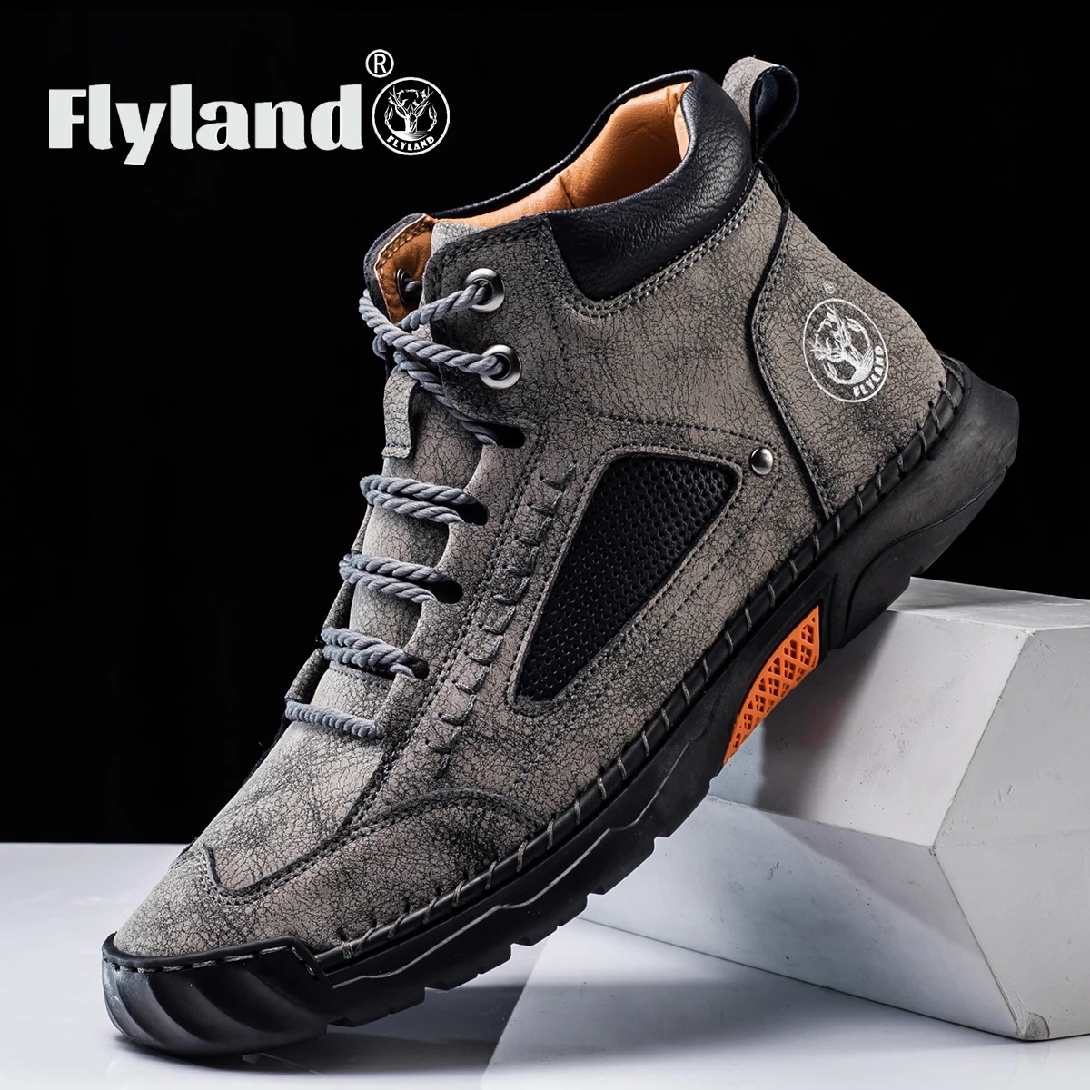 FLYLAND Men's Classical Vintage Soft Skin-friendly Feeling Frosted Genuine Leather Business Ankle Boots Handmade Casual Boots