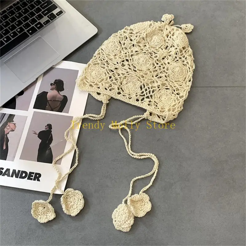 N5KB Women Hat Bohemian Hat Y2K Hot Girl Beanie Hat Pilling Eyblap Flower Hat