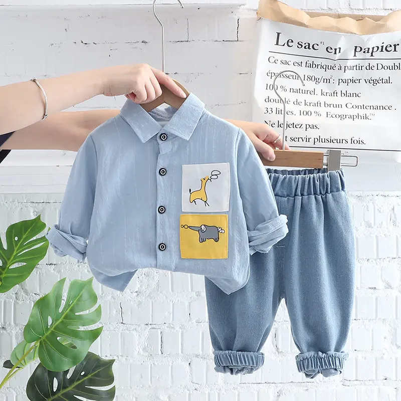 New Autumn Spring Kids Boy Fashion Cartoon Clothing Kid Suits Strips Shirt Pants Jeans 2pcs/Set Children Clothes Set 0-5 Years