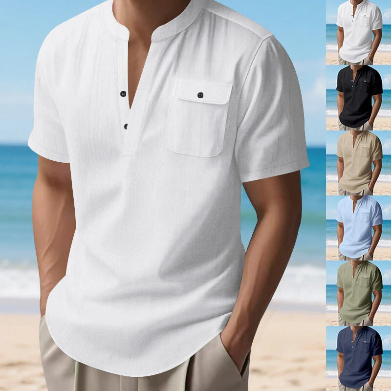 

New American linen henley tee, stand collar tailored cargo style, breathable and comfy, ideal for commute and casual wear