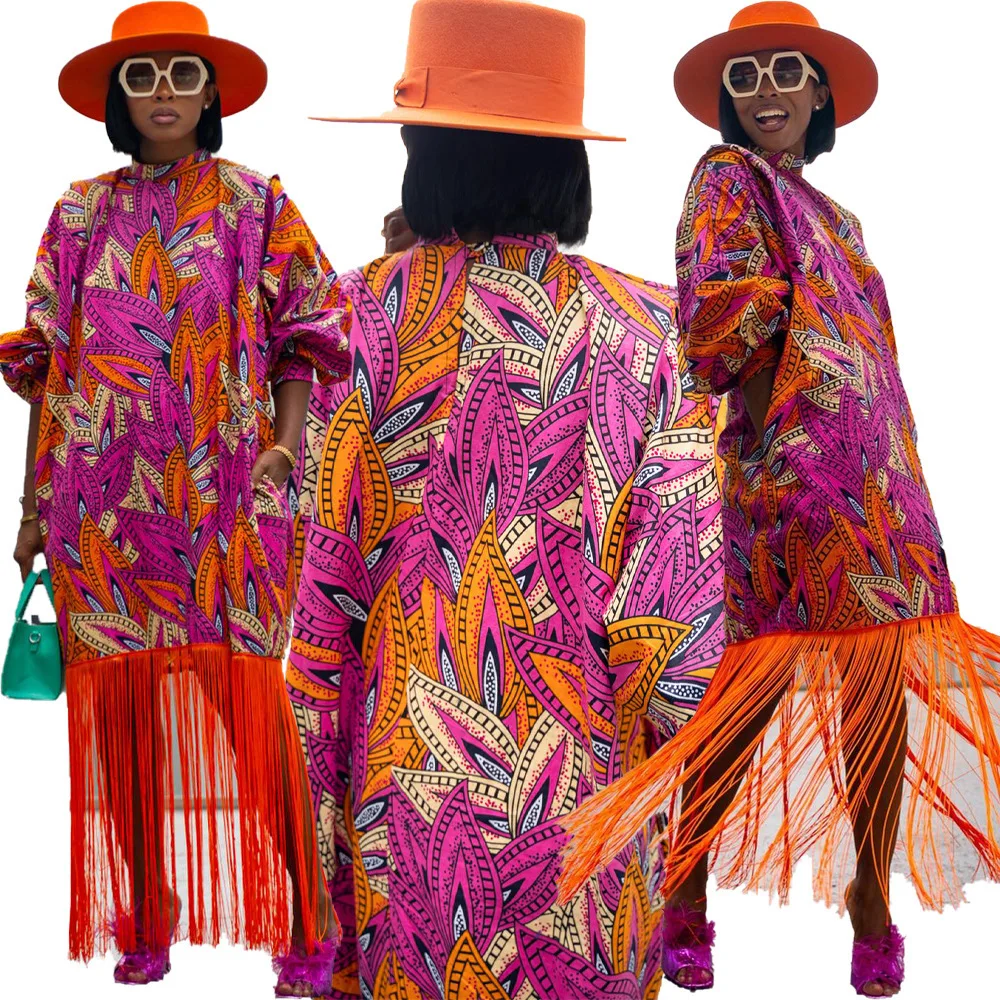

Spring Summer Fashion Loose Print Tassel Dress African Women Casual V-neck Bat Sleeve Loose Tassel Long Dress Women