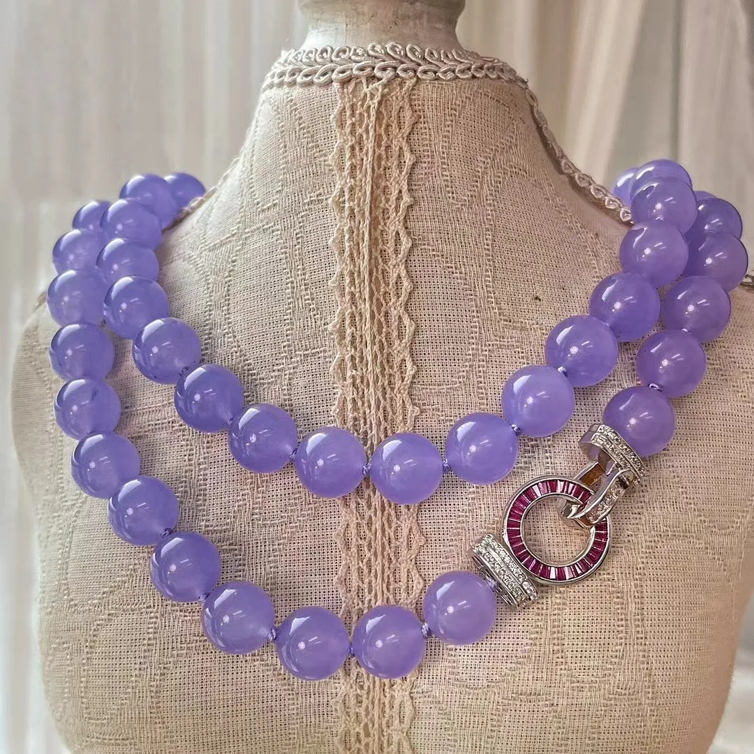 

33 inch long violet 12mm jade necklace women's beaded sweater chain