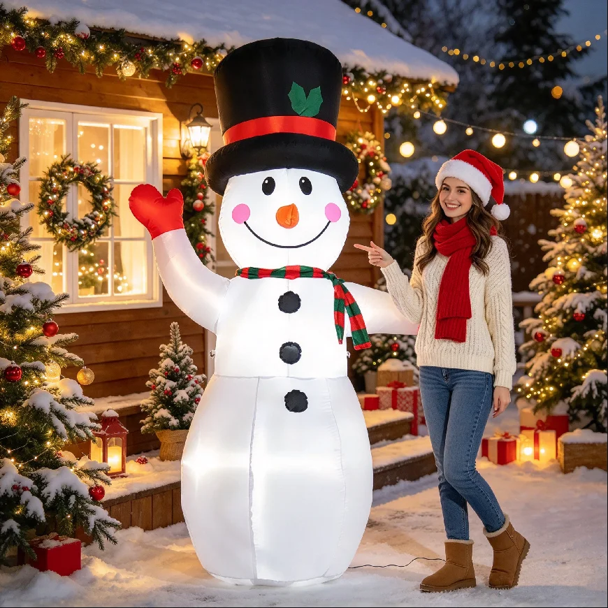 8FT Christmas Inflatable Snowman with LED Lights, Outdoor Yard Decoration, IP44 Polyester Christmas Blow Up Snowman for Home Garden Lawn Holiday Decor