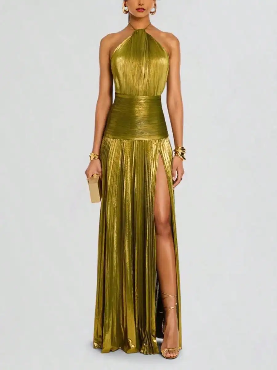 Elegant Metallic Plisse Maxi Dress for Women