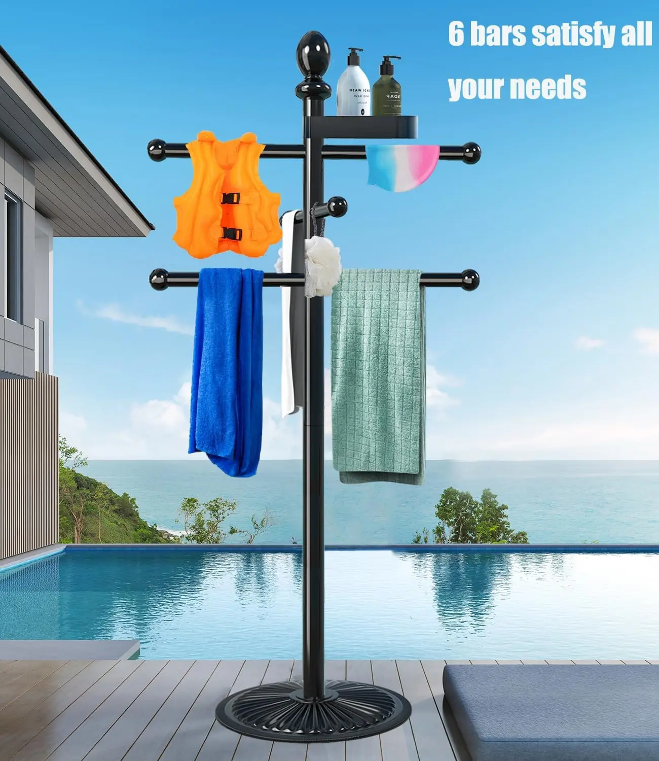 Pool Towel Rack Outdoor, 6 Bars Metal Heavy Duty Never Tilt Pool Accessories with Heavy Metal Base, Hot Tub Accessories Towel Dying Rack Towel Stand for Pool, Spa
