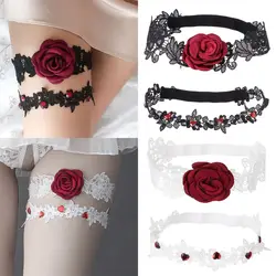 Stretch Handmade Leg Garter Rhinestones Lace Lace Leg Ring Set Embroidered Stretch Garter Red Rose Flower Garters