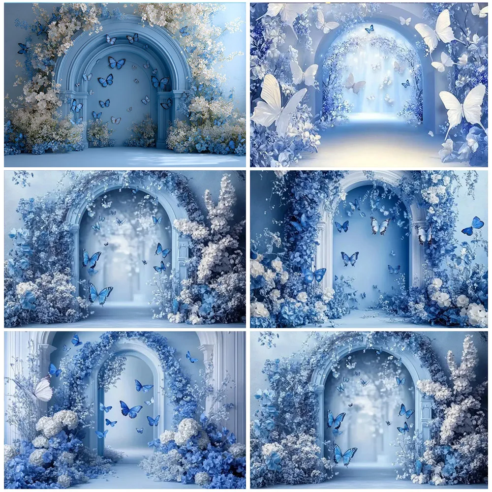 

Elegant Blue Flower And Butterfly Wedding Backdrop Party Decorations White Arch Photography Background Engagement Photo Decor