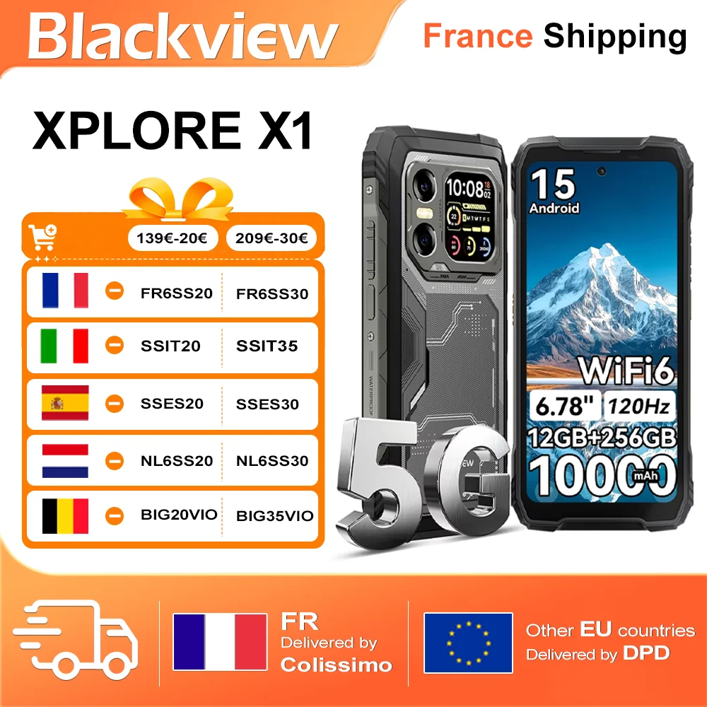Blackview XPLORE X1 5G AI Smartphone Rugged Haut de Gamme 12GB+256GB 6,78" Android 15 120Hz 10000mAh 55W Caméra Principale 108MP IP68 WiFi6