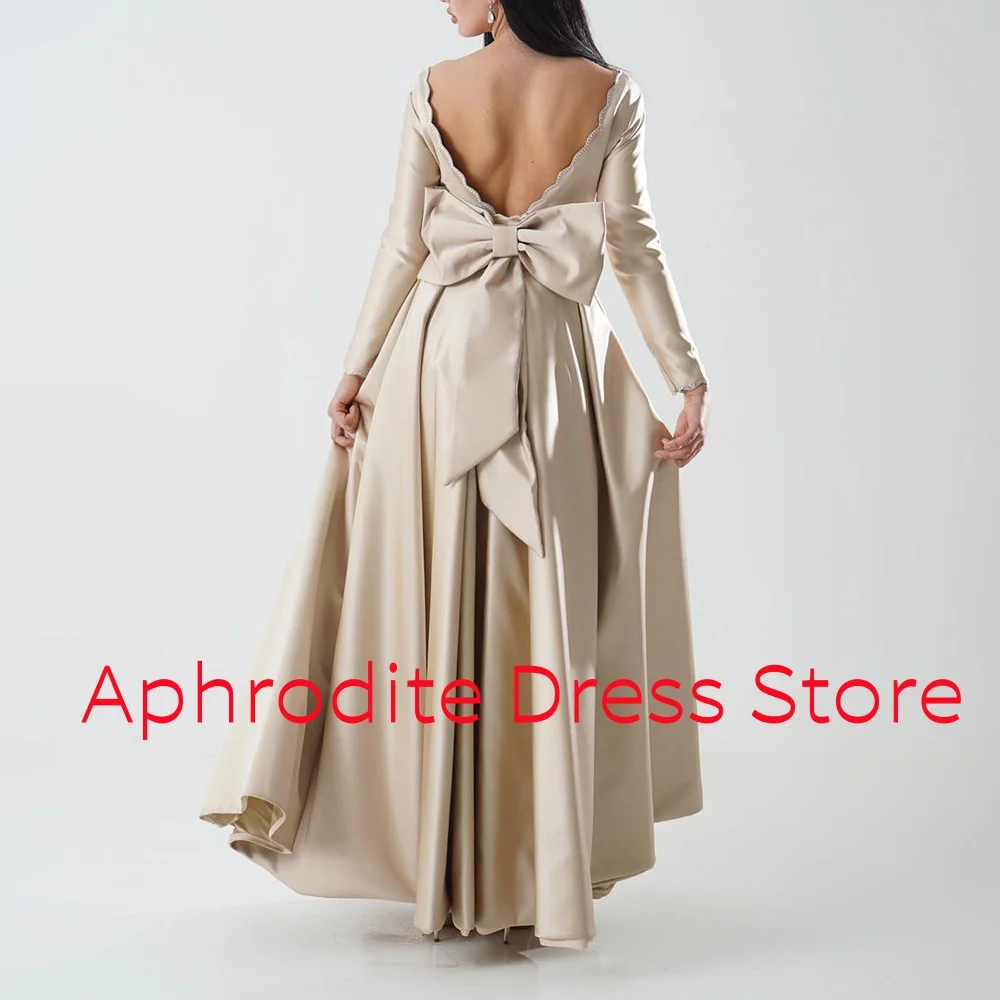 Customized Delicate Satin Crystal 3D Bow Evening Dress High Quality Backless Open Back Long Sleeves Bespoke Occasion Gowns