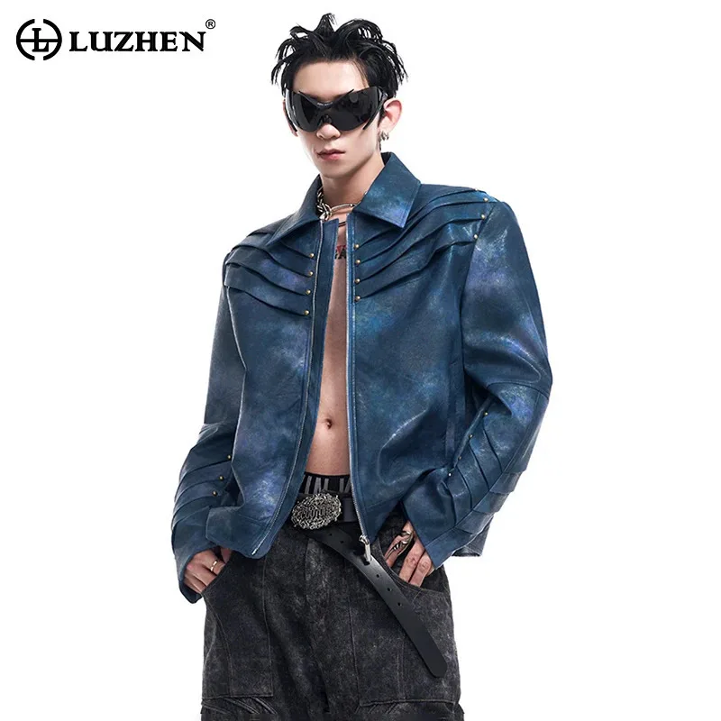 

LUZHEN New Stacked Design Leather Jacket Men's Autumn Short Gradient Color Trendy Personalized High Street Male Outerwear LZ5711