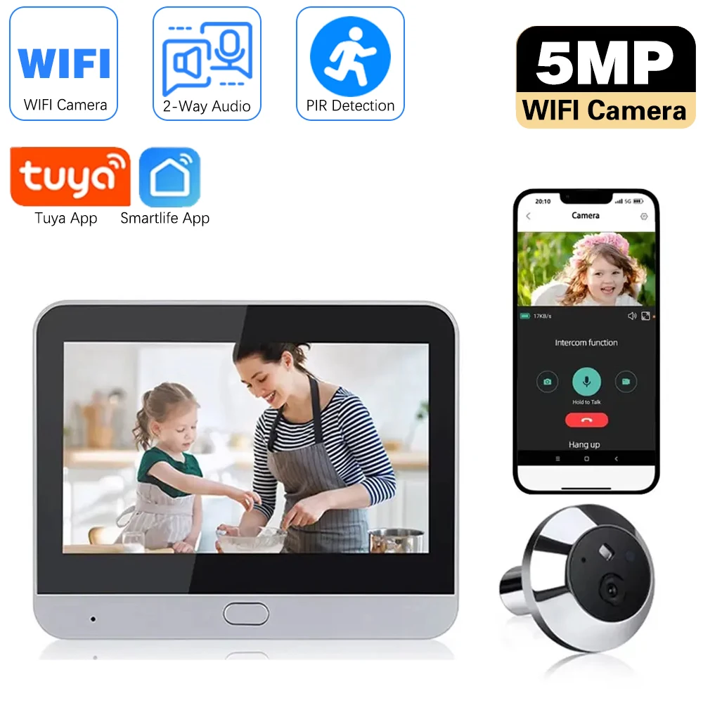 4.3 Inch 5MP Baby Monitor Tuya SmartLife Home WiFi Digital Peephole Door Eye Video Camera Home Security NightVision Video Viewer