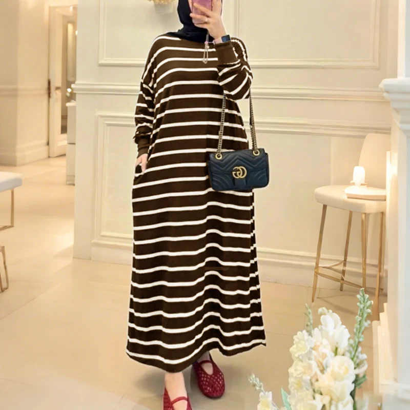 

ZANZEA Fashion Women O Neck Long Sleeve Muslim Abaya Spring Maxi Long Dress Striped Sundress Robe Femme Ramadan Kaftan Vestidos