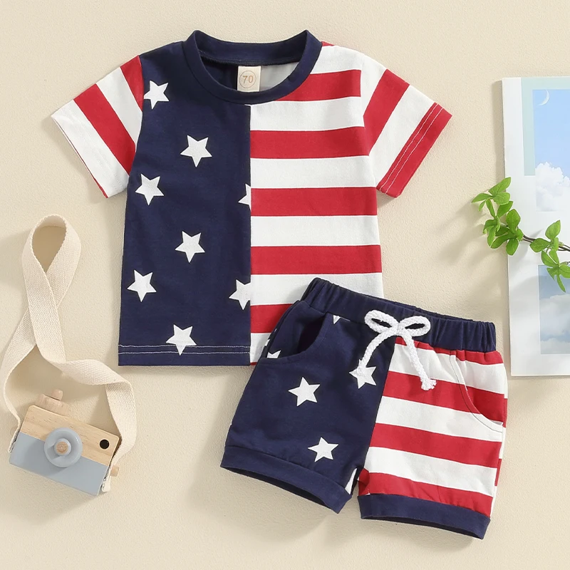 

2024-02-18 Lioraitiin Summer Toddler Baby Boys 4th of July Outfit Short Sleeve Stars and Stripes Print T-Shirt and Shorts Set