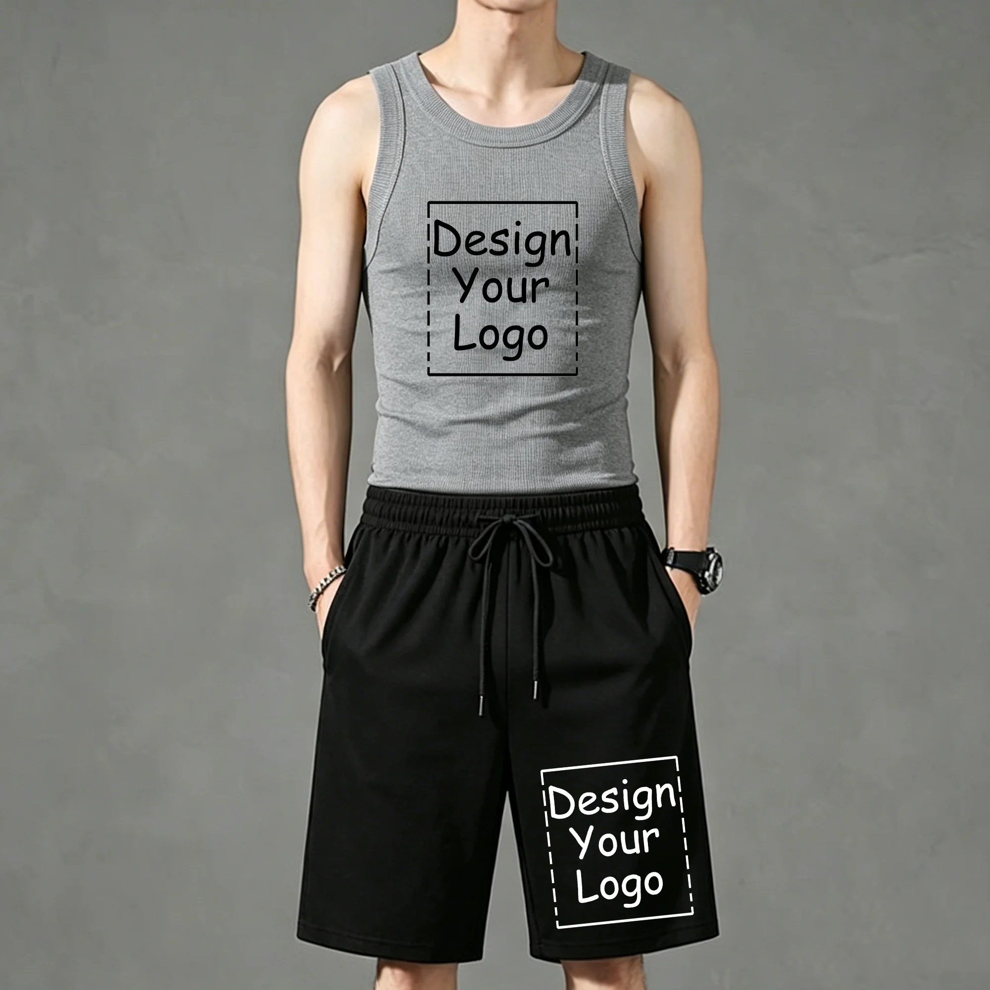 Personalized Customized Prints Korean Sport Street Tank Top Suit Men Gym Tight Thread Vest Loose Beach Pocket Pocket Short Pants view 2