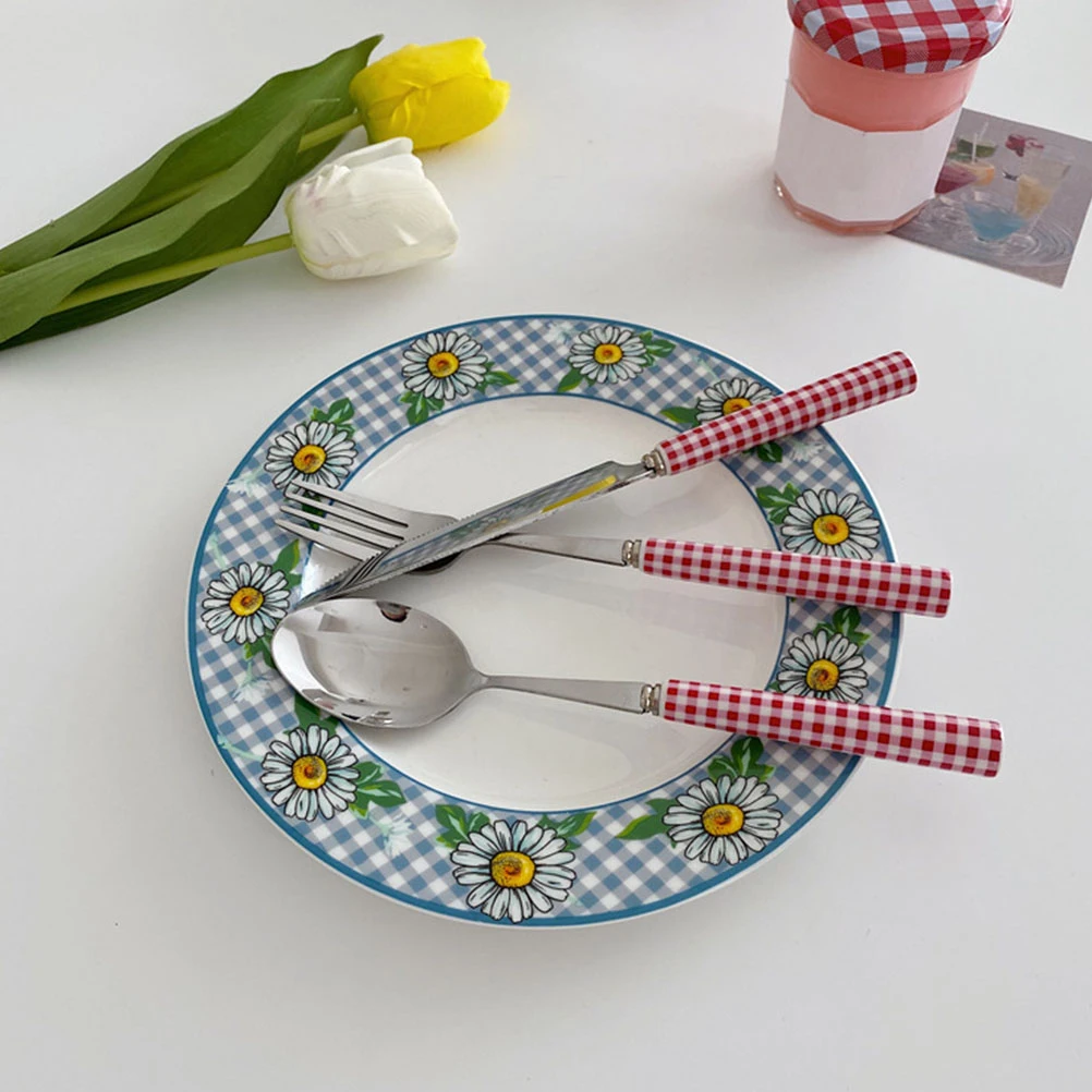 

Red Plaid Tableware Set Stainless Steel Ceramic Ergonomic Handle Kitchen Gadgets Decorative Cooking Spoon Utensils For