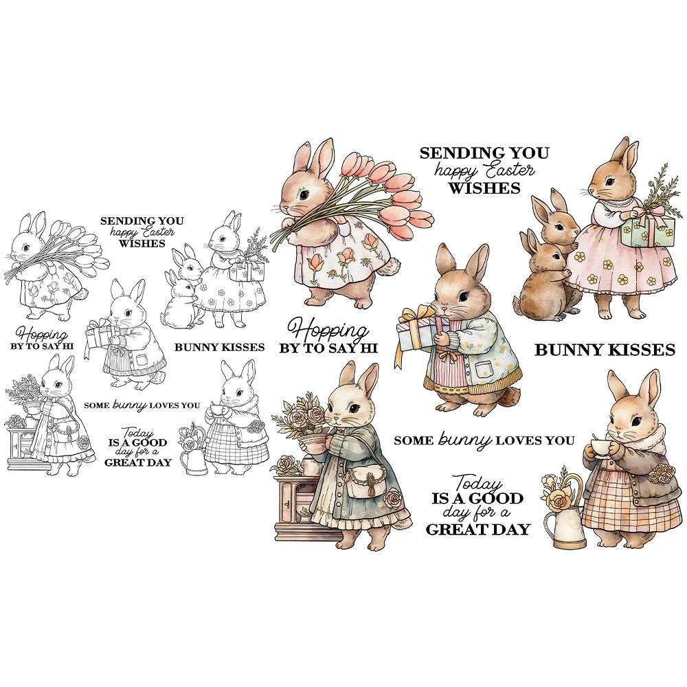 Mangocraft Cute Easter Rabbits Bunny Family Clear Stamps Spring Flowers DIY Scrapbooking Supplies Silicone Stamp For Card Decor