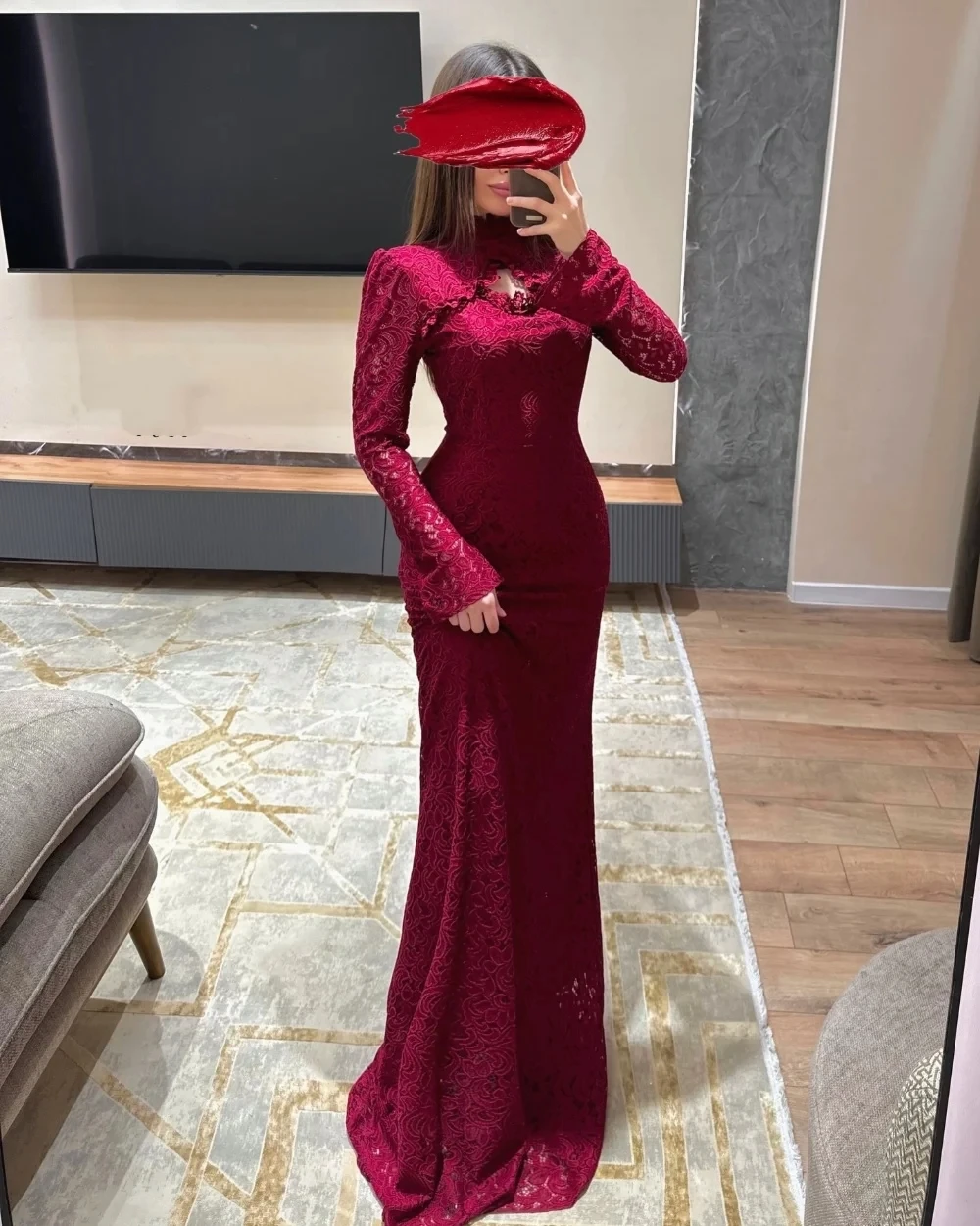 

Burgundy Lace Long Sleeves Bespoke Occasion Gown Evening Dresses Pastrol Unisex Jersey Retro Dubai Saudi Arabic Prom Customized