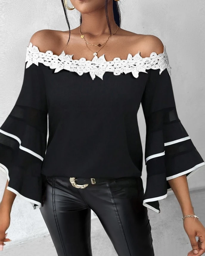 

Women's Blouse Tops Spring Summer Fashion Elegant Contrast Paneled Mesh Lace Off the Shoulder Bell Long Sleeve Loose Fit Top