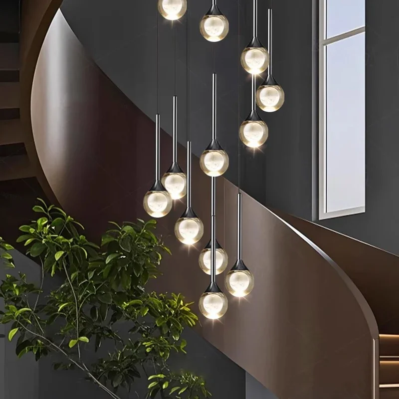 Modern Creative Fashion Circular Glass Ball LED Pendant Light for Stair Living Room Attic Dining Table Chandelier Indoor Fixture