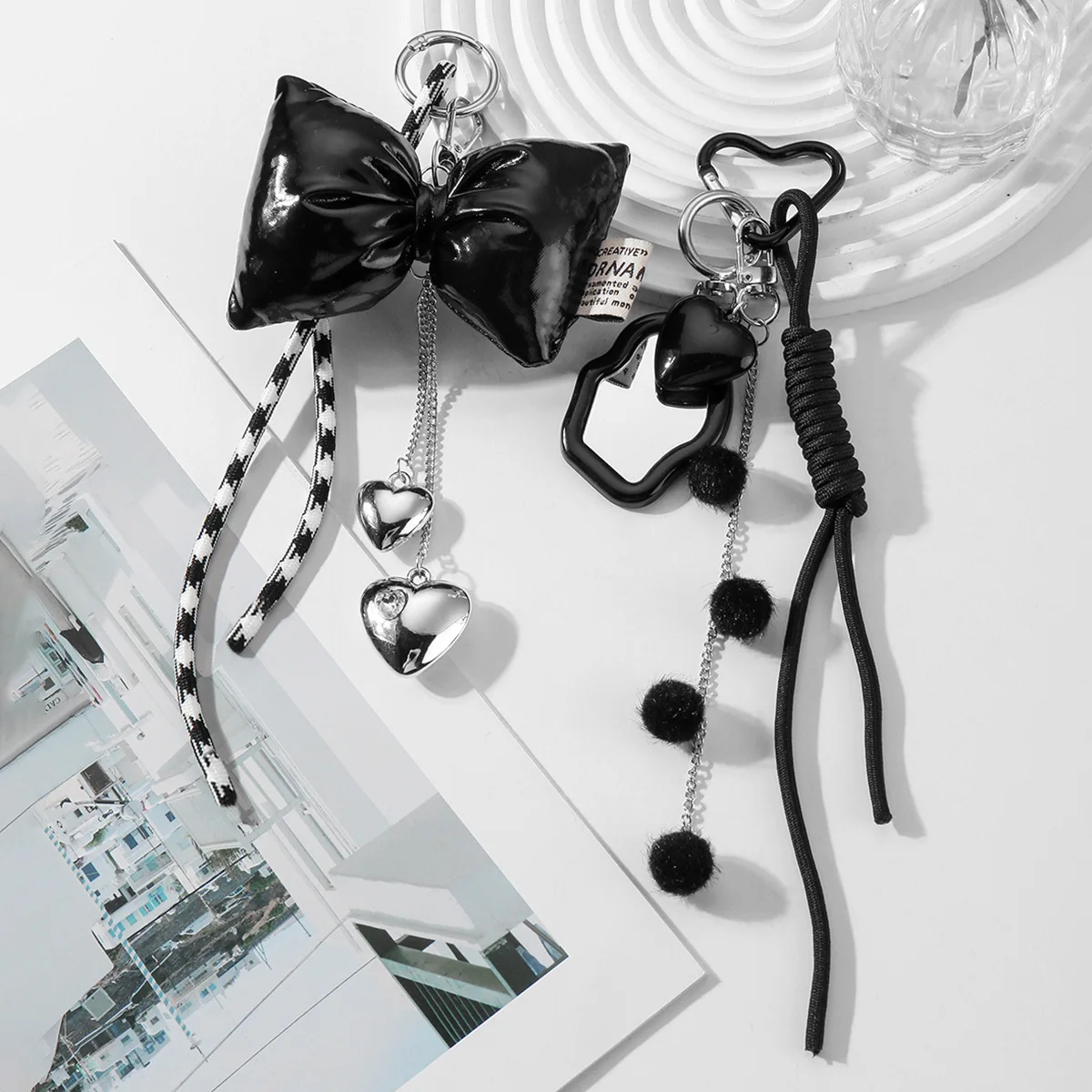 Sweet Romance black Key buckle bowknot mirror Pendant Hand woven rope Backpack ornament