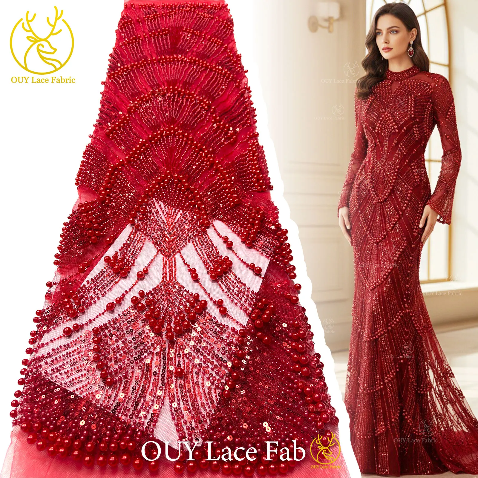 

Red Luxury African Handmade Heavy Beaded Lace Fabric 2026 High Quality French Sequin Lace Fabric Nigeria Wedding Party Dresses