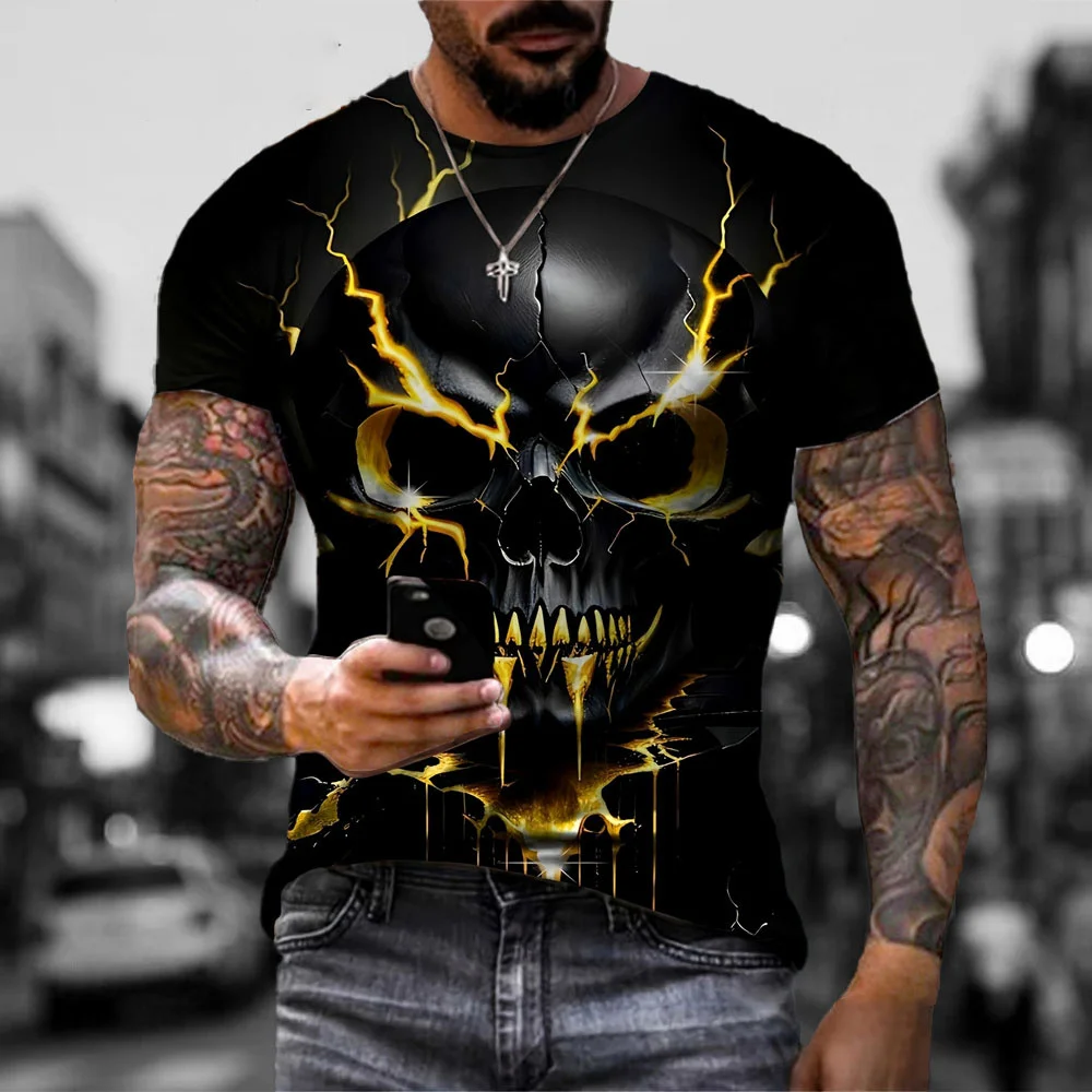 Men\'s Horror Skull Print T-Shirt 3D Print Vintage O-Neck Short Sleeve Fashion Oversized T-Shirts Men\'s Summer Street Clothing