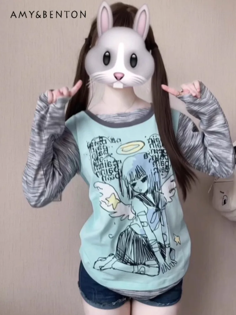 

Japanese Anime Print Fake Two-Piece Long Sleeve T-Shirt Subculture Gothic Patchwork Top Autumn New College Style Women's Top