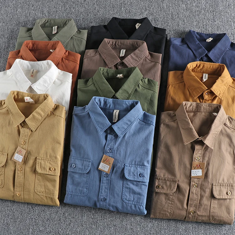 100% Cotton Plain Workwear Shirts for Men Spring Autumn Simple Basic Blank Long Sleeve Blouse Casual Loose Retro Fall Daily Tops