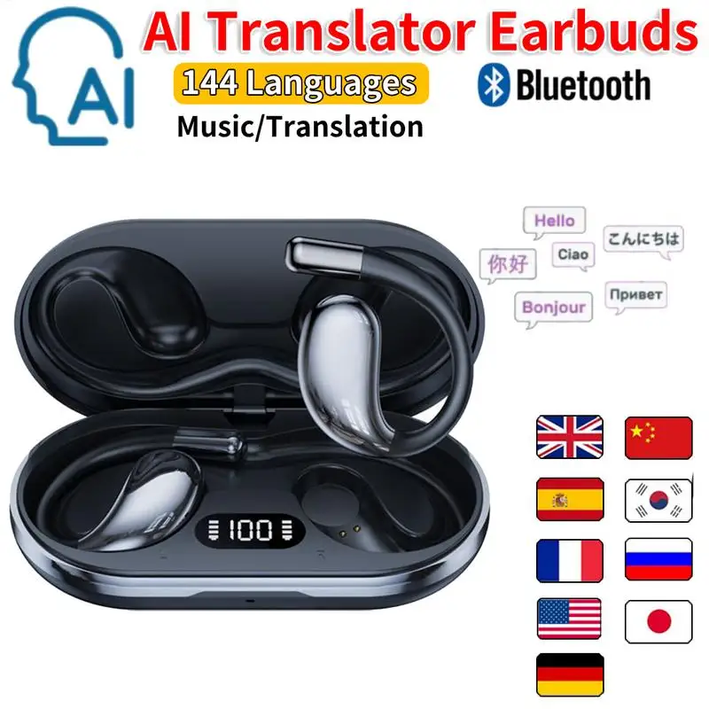 AI Traductor fonesbluetooth Auriculares Traductores en tiempo real Auriculares 144 idiomas Traductor de voz Auricular inalámbrico Bluetooth