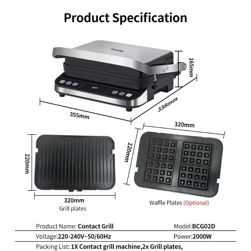 Touchscreen Multi-functional Waffle Maker with Magnetic Interchangeable Plates for Grilling and Pan-frying Steaks.