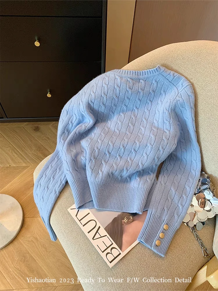 Fashion Office Lady Loose Classical Blue Sweater Vintage O-Neck Long Sleeve Tide Classical Pullovers High Street 2000s Aesthetic