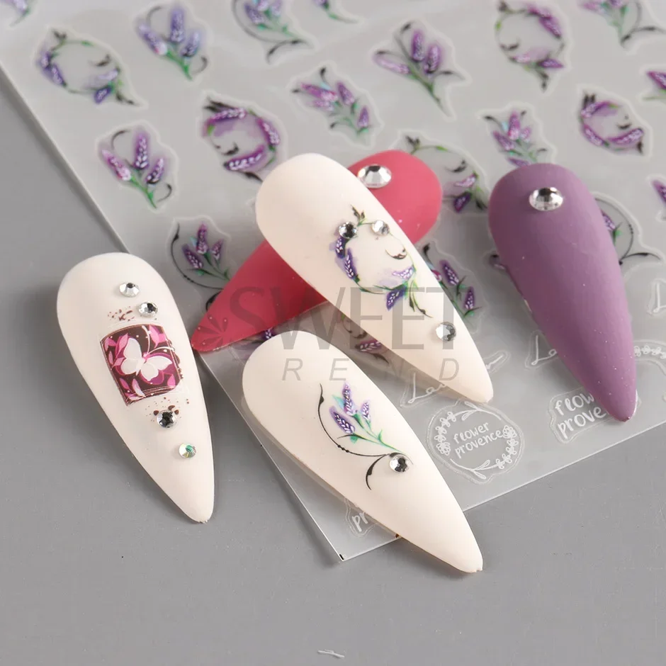 3D bohème mat nouveau autocollant pour ongles breloques broderie Boho Design manucure violet fleur vigne décalcomanies Nail Art accessoires curseurs