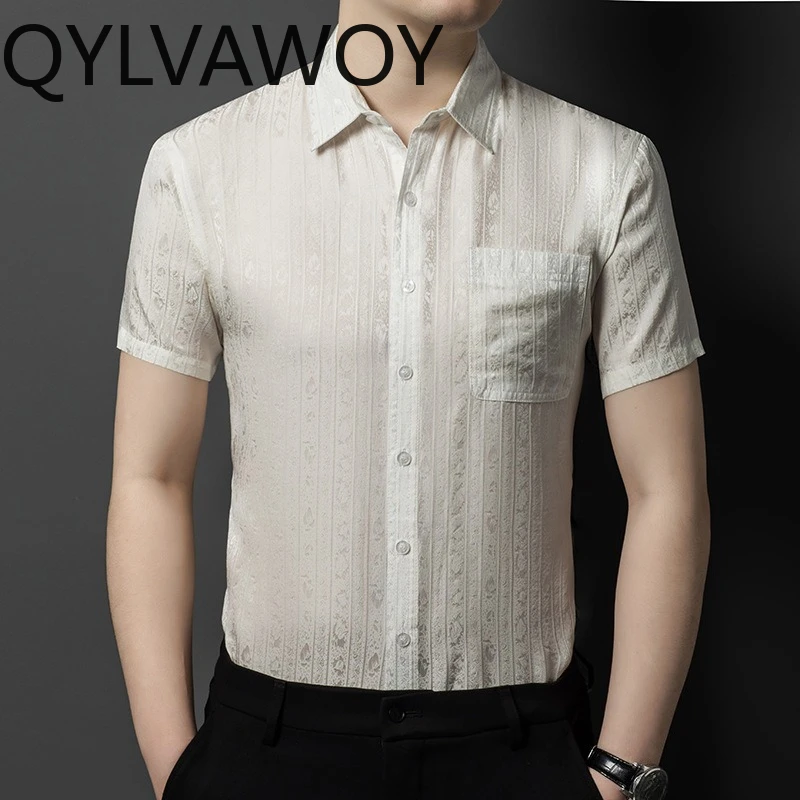QYLVAWOY High-end Men's Shirts 100% Pure Mulberry Silk Shirts for Man Short Sleeve New Summer Tops Shirt Camisas Masculina Daily