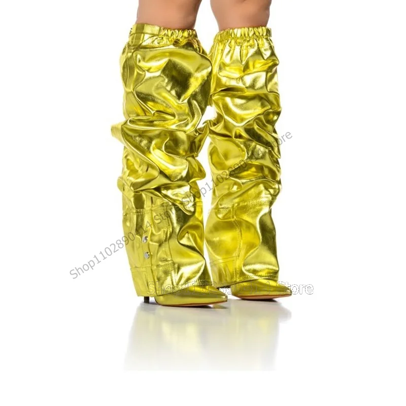 Botas de dedo apontado elástico para mulheres, sapatos deslizantes, saltos altos finos, amarelo, decoração de rebites, moda, 2023