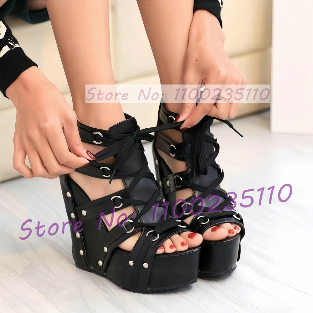 Black Cross Tied Punk Wedges Platform Sandals Female Sexy Open Toe Lace Up Rivet Decor Shoes Trendy Big Size T Strap Sandals