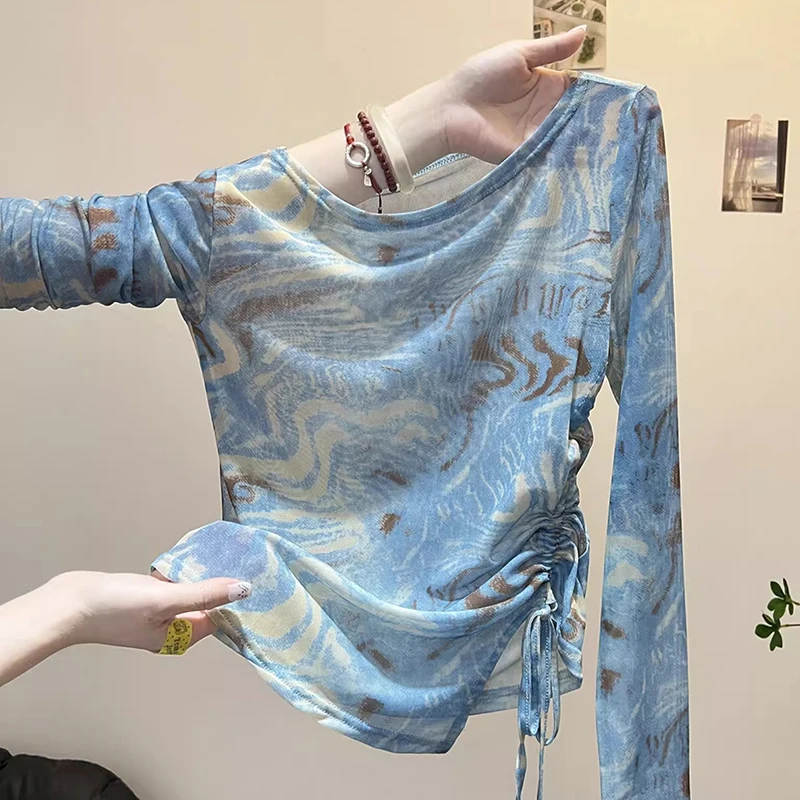 Retro Tie Dye Me Sun Protection Long Sve T-irt Design Sensation Summer Vaion Irregular Dstring Design Women's Top