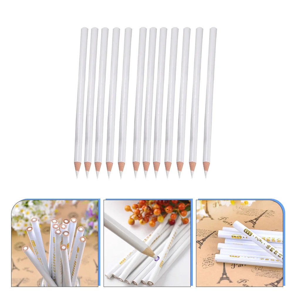

12 Pcs White Pencil Nail Gift Manicure Dotting Tools Decor Rhinestones Picker Wooden
